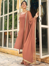 Janasya Floral Printed Square Neck Sleeveless Straight Kurta With Trousers & Dupatta