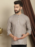 Anouk Brown Striped Woven Design Band Collar Long Sleeves Cotton Short Kurta
