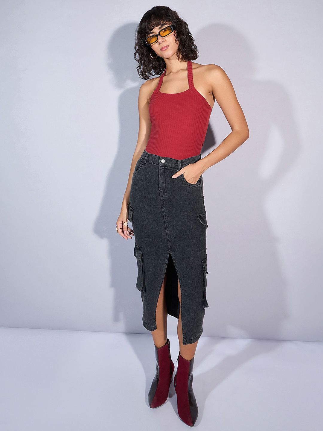 SASSAFRAS Denim Straight Midi Cargo Styles Skirts