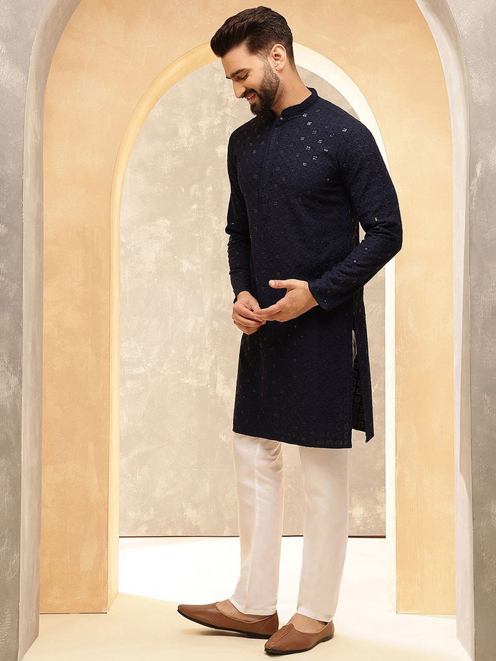 Anouk Navy Blue Geometric Embroidered Sequinned Pure Cotton Straight Kurta With Pyjamas