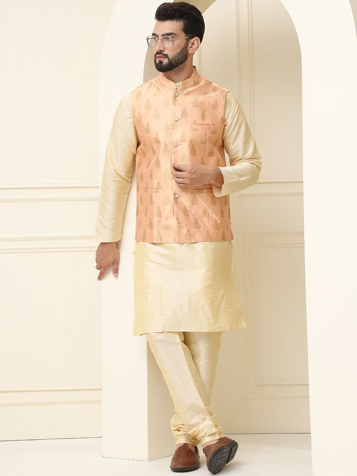 SOJANYA Mandarin Collar Silk Cotton Kurta With Churidar & Woven Design Nehru Jacket
