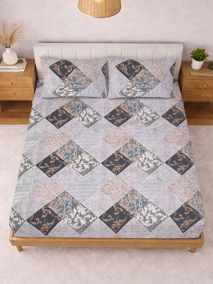 KLOTTHE Grey & Brown Printed 300 TC Double Bedsheet With 2 Pillow Covers- 2.5 m x 2.25 m
