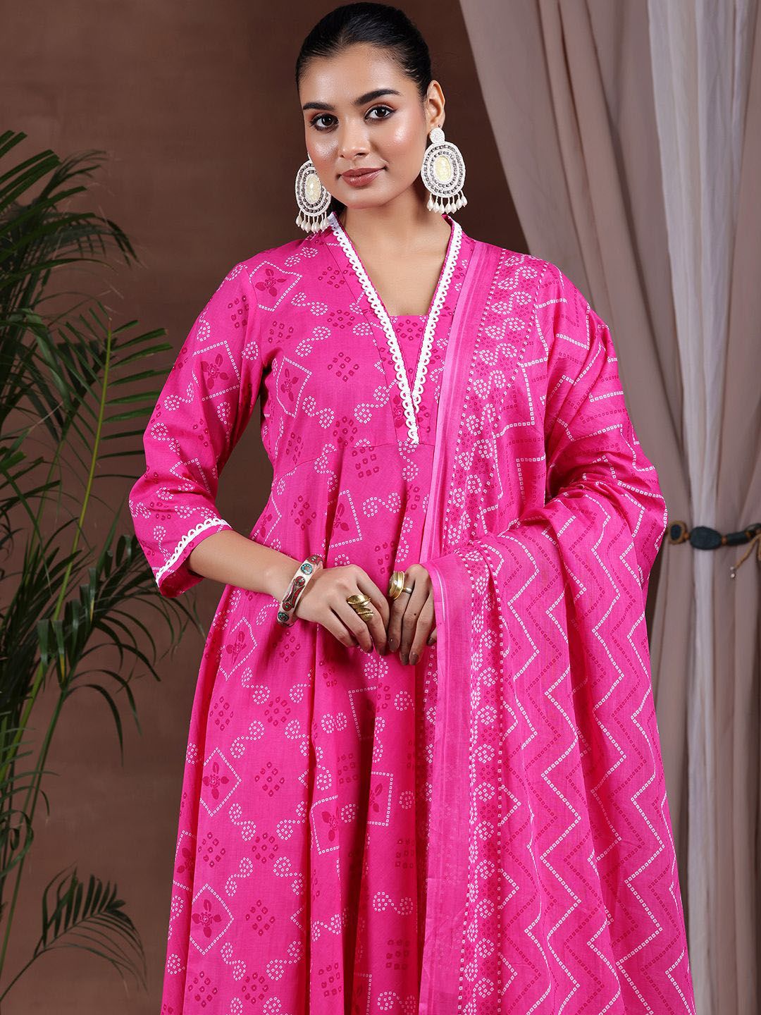 Libas Bandhani Printed Gotta Patti Pure Cotton Anarkali Kurta with Trousers & Dupatta