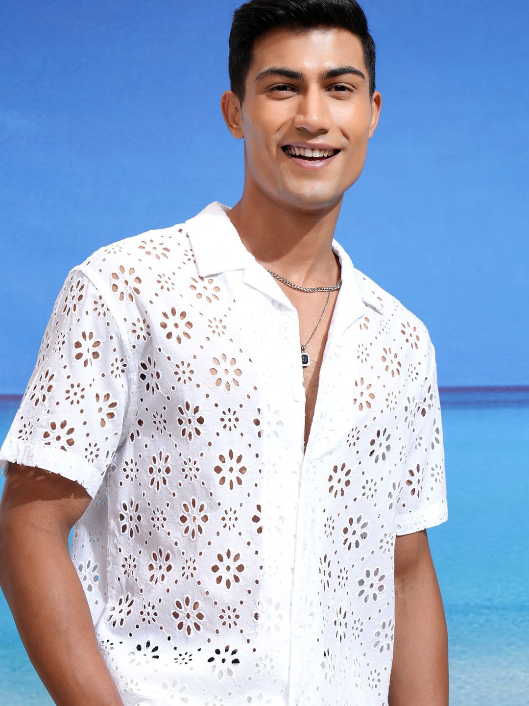 Highlander Men Solid Hakoba Schiffli Cuban Collar Relaxed Shirt