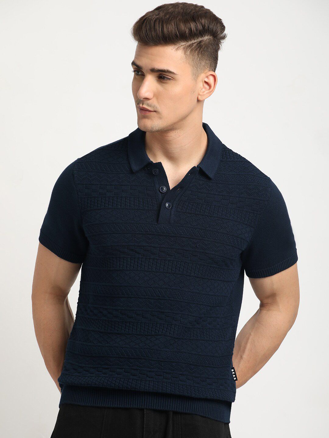 THE BEAR HOUSE Self Design Polo Collar Short Sleeves Cotton T-shirt