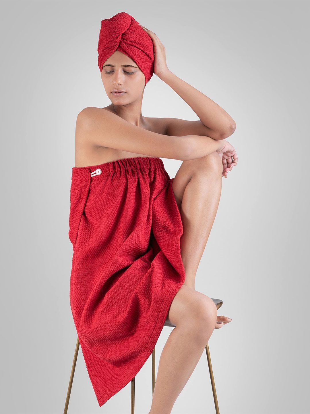 MYTRIDENT Red Cotton Bath Robe With Headwrap