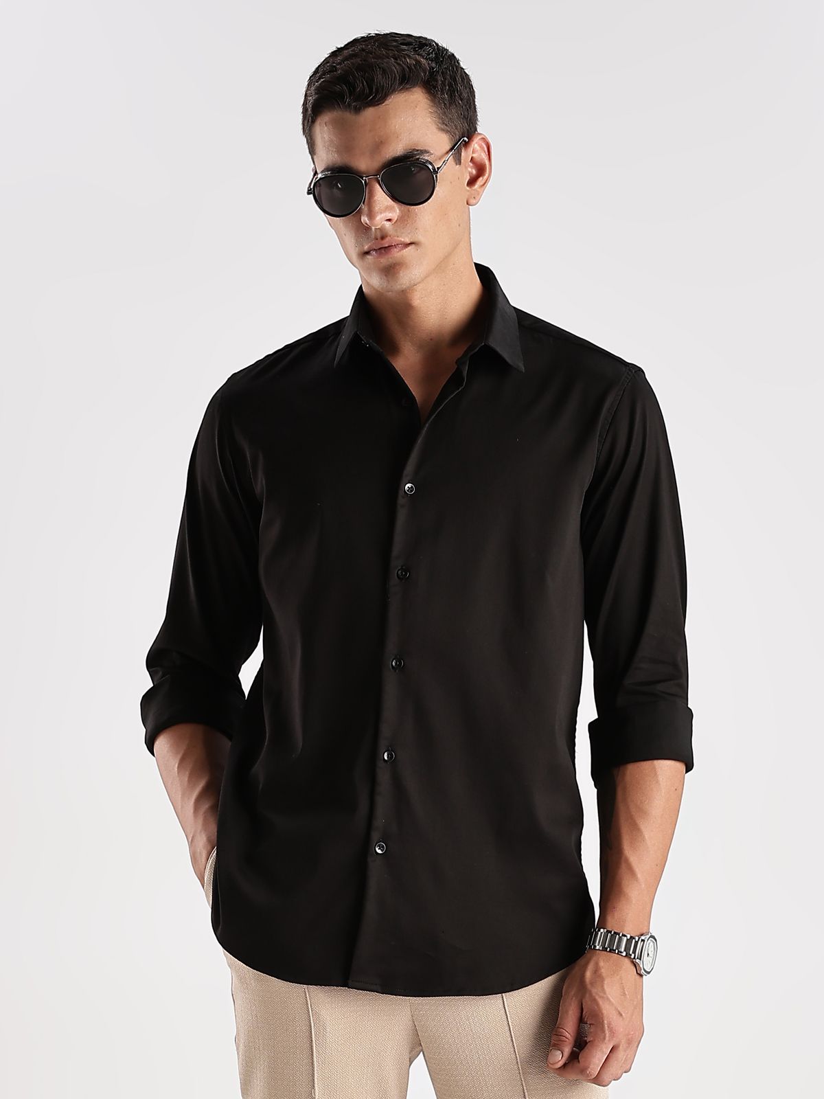 ADRO Men Slim Fit Solid Satin Casual Shirt