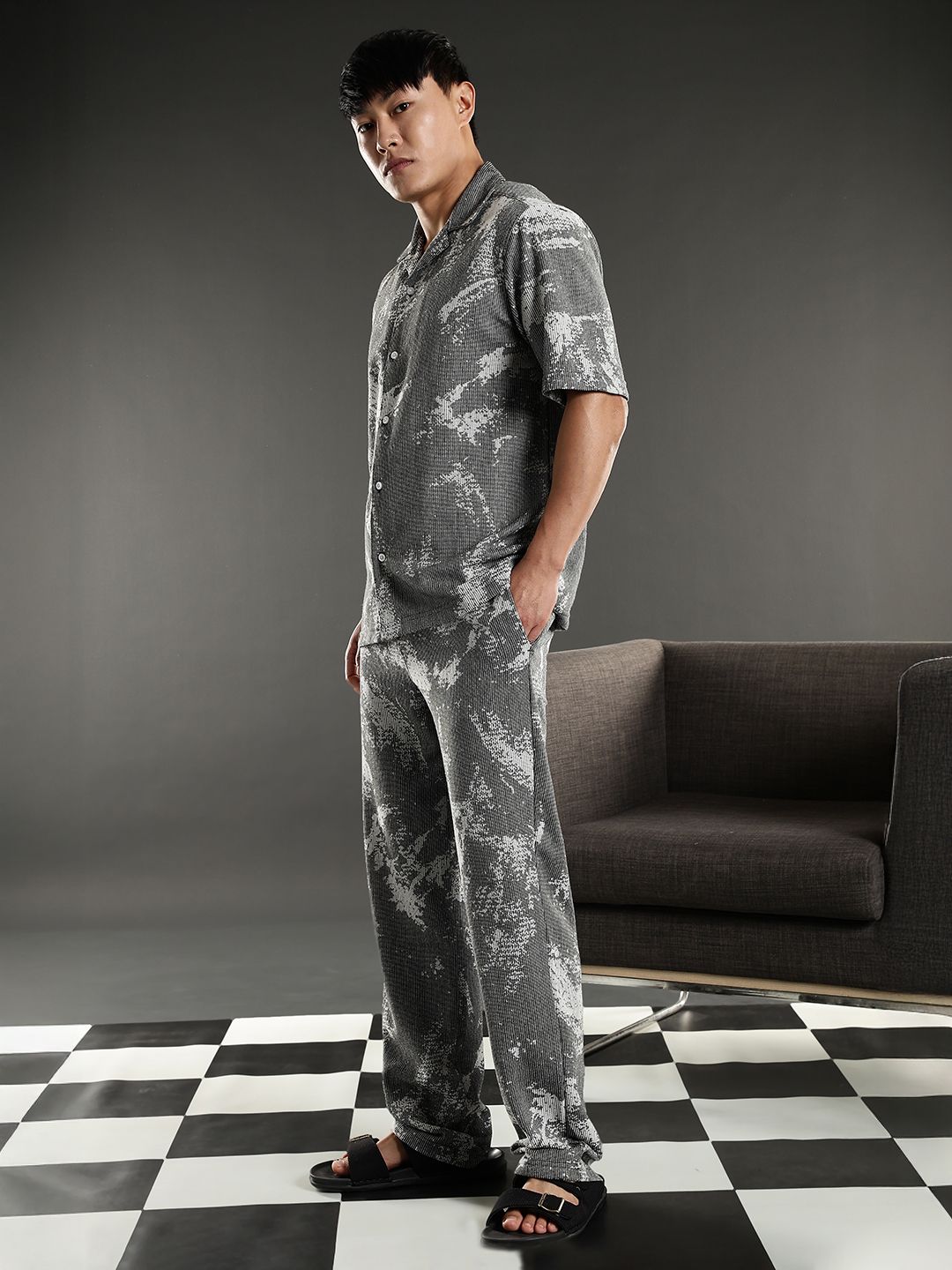 Eszett Grey Abstract Printed Jacquard Spread Collar Pure Cotton Shirt With Trouser Co-Ord Set