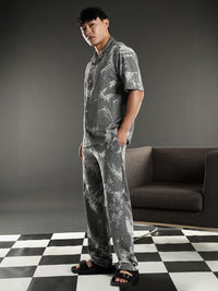 Eszett Grey Abstract Printed Jacquard Spread Collar Pure Cotton Shirt With Trouser Co-Ord Set
