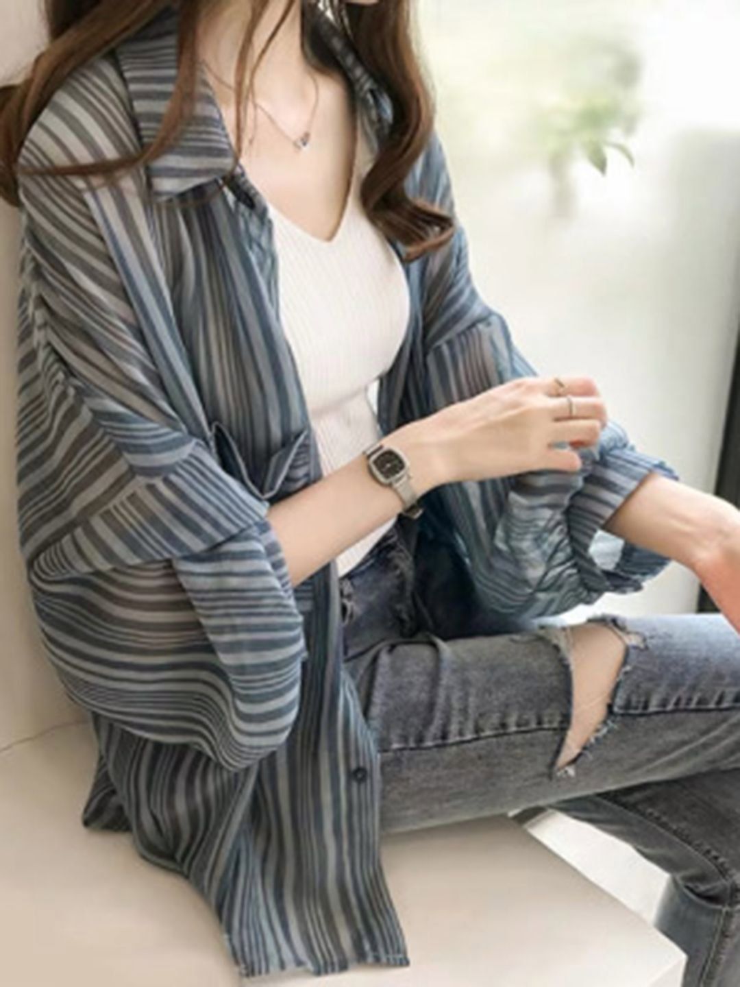 DressBerry Striped Shirt Collar Slim Fit Casual Shirt