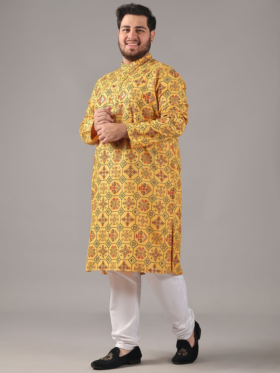 SOJANYA PLUS Plus Size Men Ethnic Motifs Printed Band Collar Straight Kurta With Pyjamas