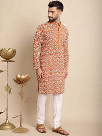 Anouk Orange-Coloured & White Floral Embroidered Thread Work Pure Cotton Kurta Set