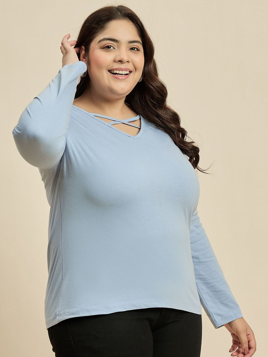 CURVY STREET Women Solid V-Neck Cotton Plus Size T-shirt