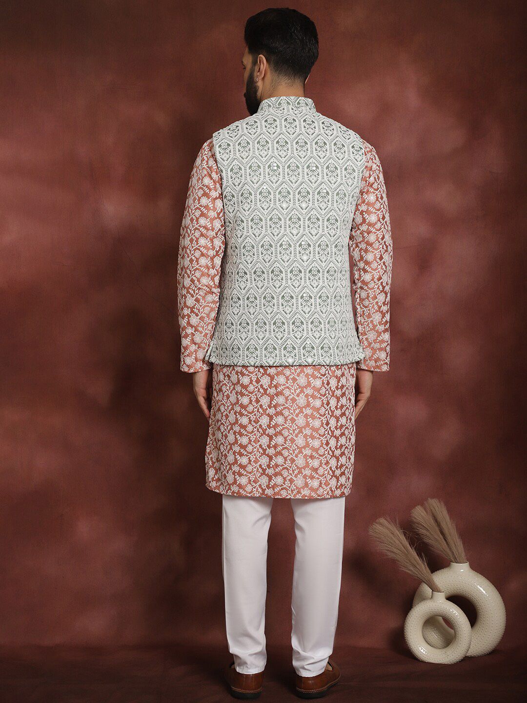Anouk Floral Embroidered Regular Thread Work Kurta & Churidar With Nehru Jacket