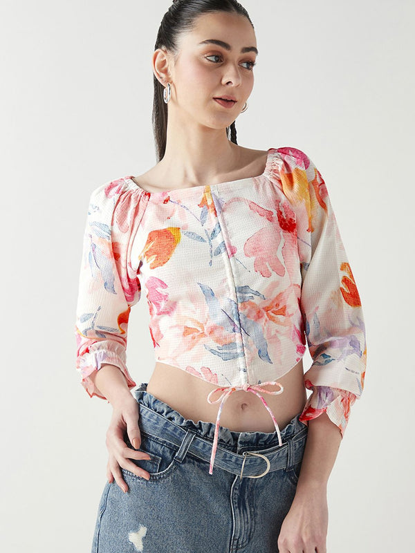 Bewakoof Women Floral Printed Puff Sleeve Crop Top