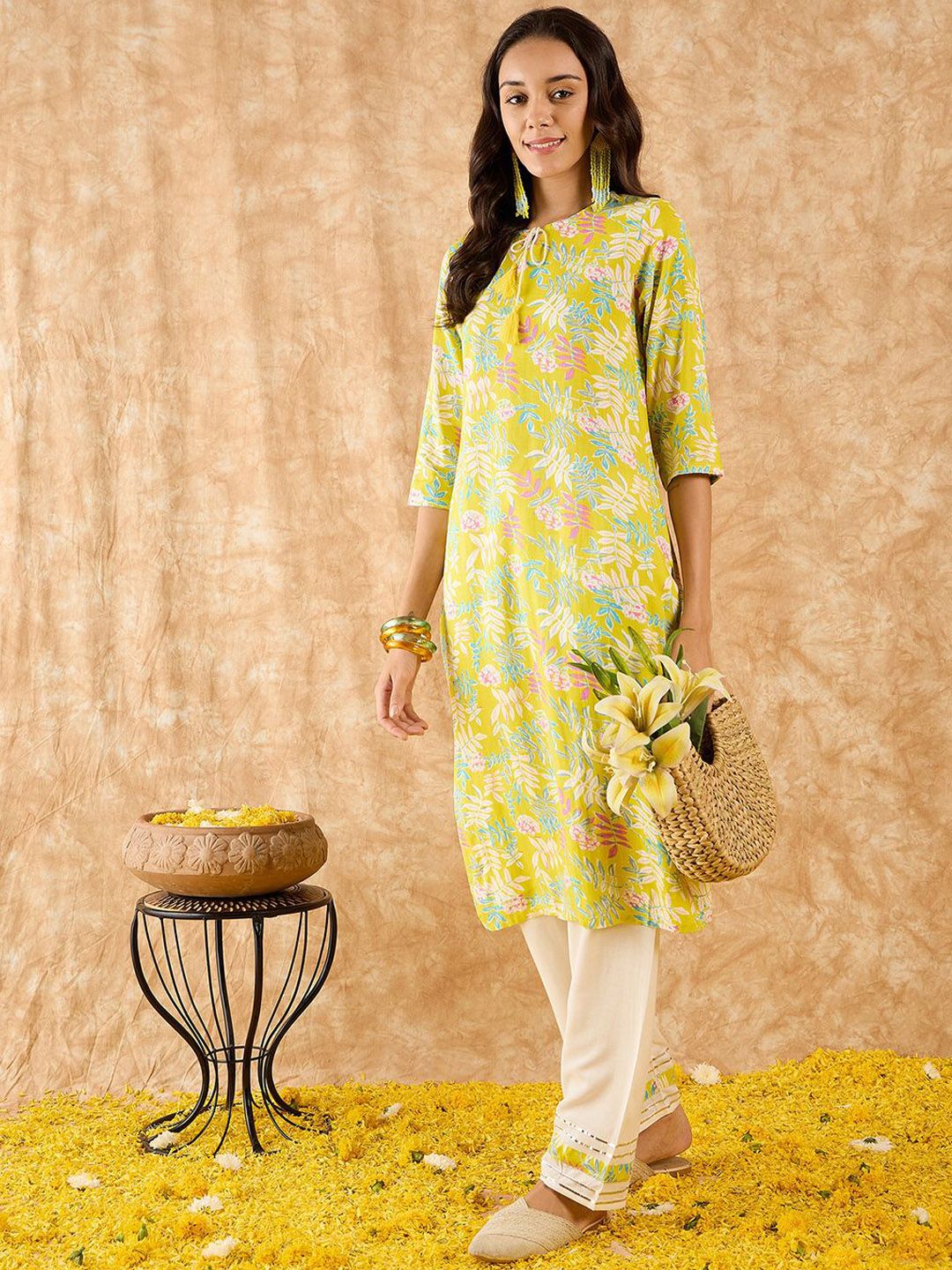 Indo Era Floral Printed Straight Kurta with Trousers