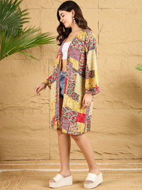 Berrylush Women Floral Print V-Neck Longline Open Front Shrug