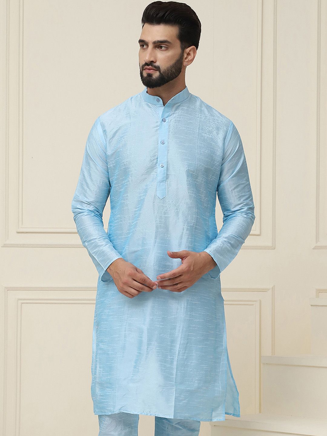 SOJANYA Band Collar Neck Long Sleeves Dupion Silk Straight Kurta