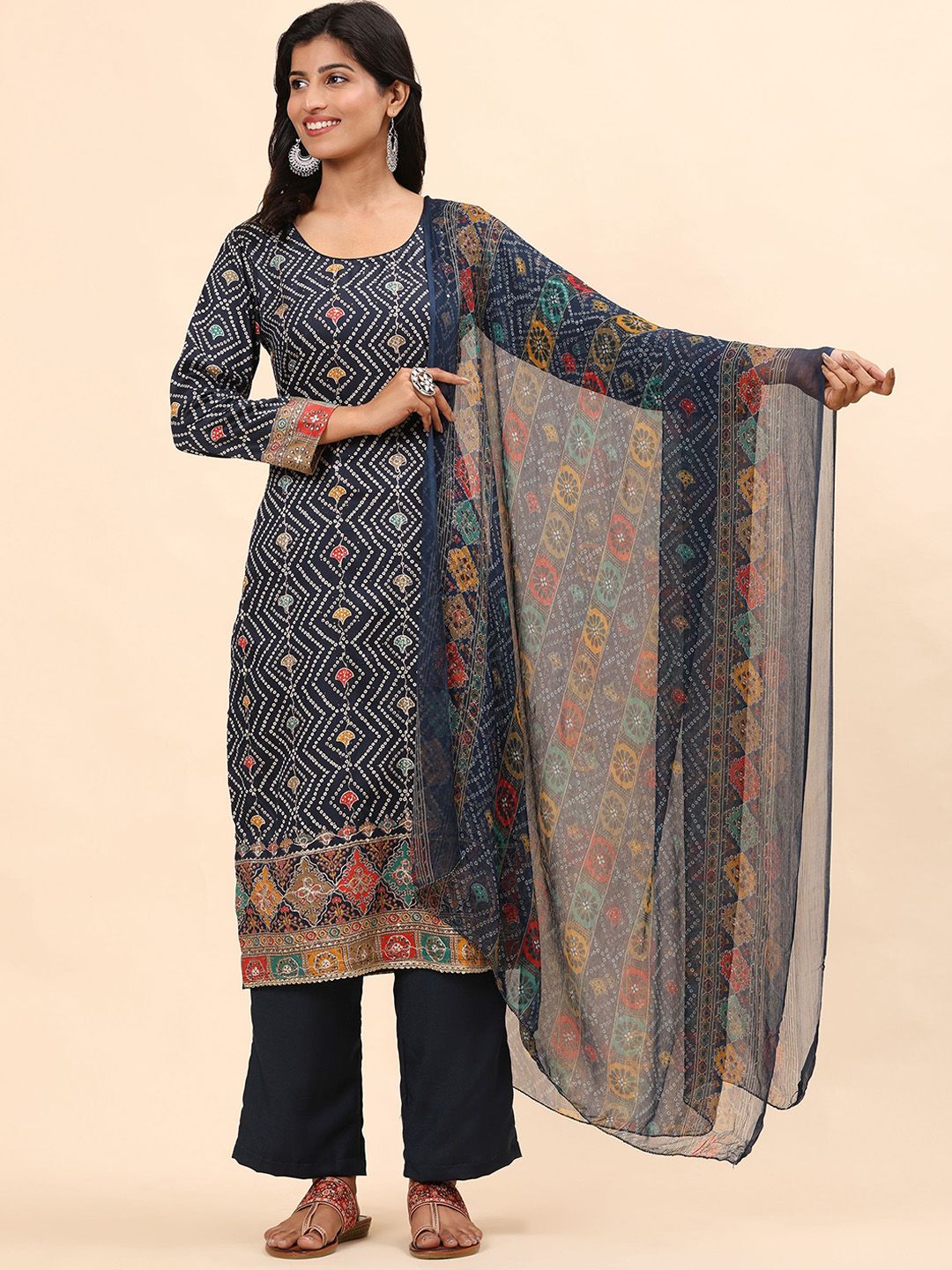 Mamicha Women Bandhani Printed Regular Pure Cotton Kurti with Palazzos & With Dupatta