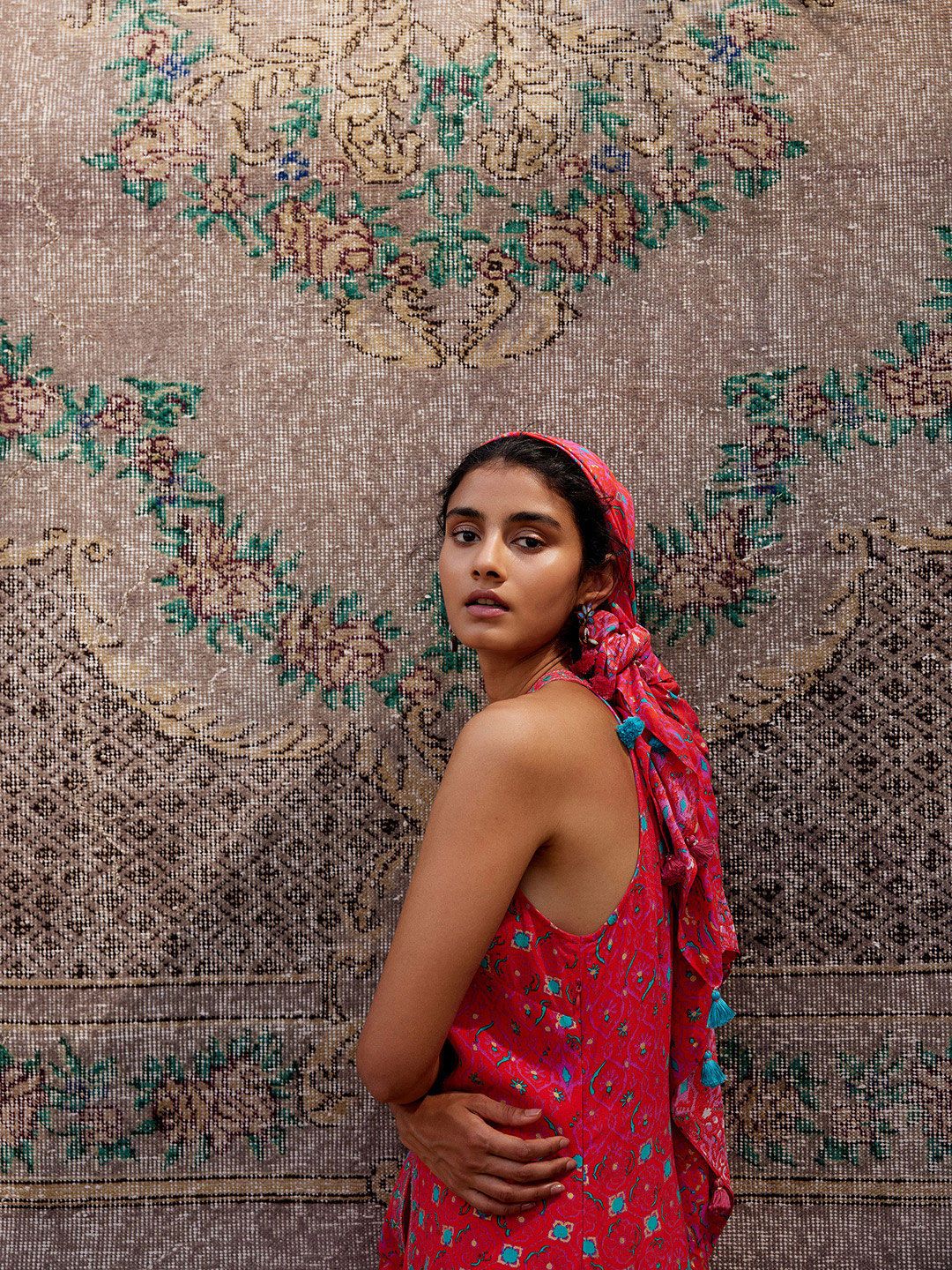 Global Desi Ethnic Motifs Printed Halter Neck Thread Work Kurta with Palazzos