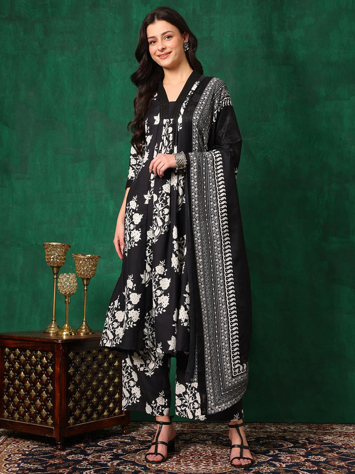 KALINI Floral Printed Embroidered V-Neck A-Line Kurta With Palazzo & Dupatta
