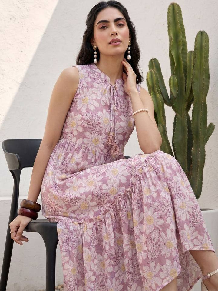 Pakaian Midi A-Line Cetakan Bunga Mamicha Ikat Leher Crepe