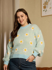 Berrylush Curve Women Floral Printed Ribbed Pullover
