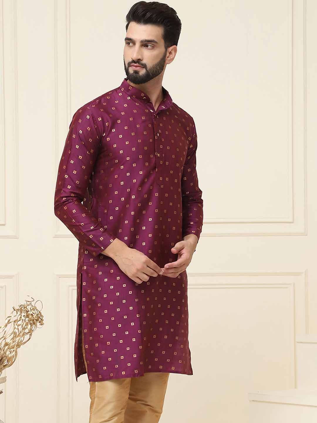 SOJANYA Geometric Woven Design Band Collar Long Sleeves Regular Silk Straight Kurta