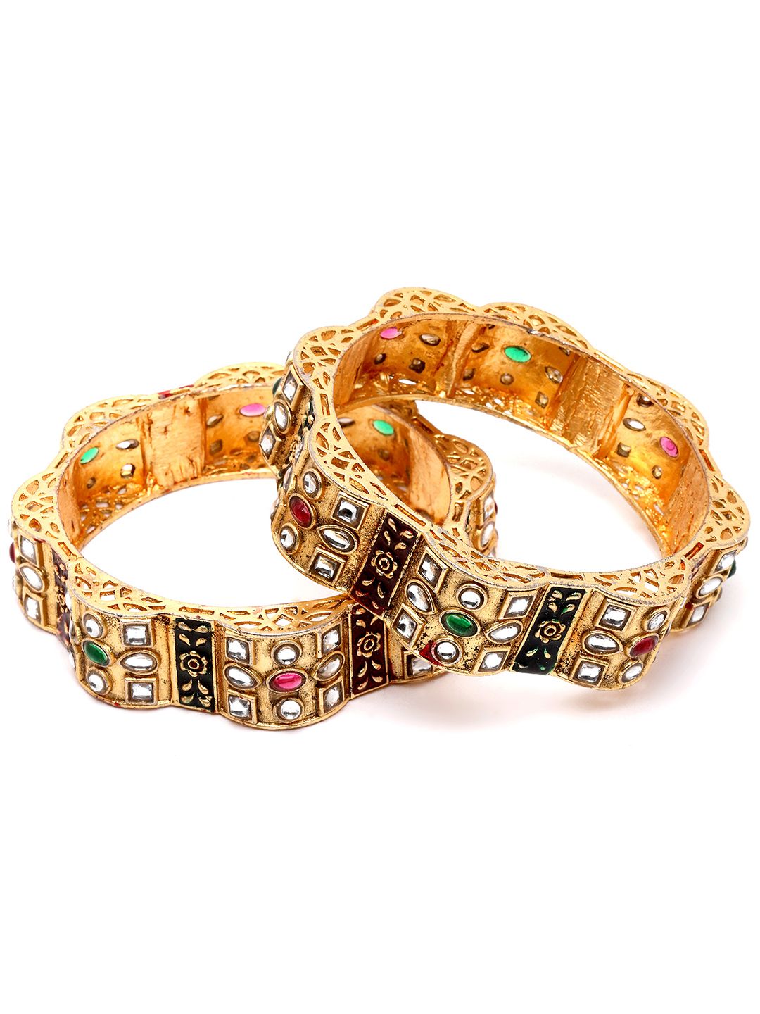 KARATCART Set Of 2 Gold-Plated Kundan Studded Bangles