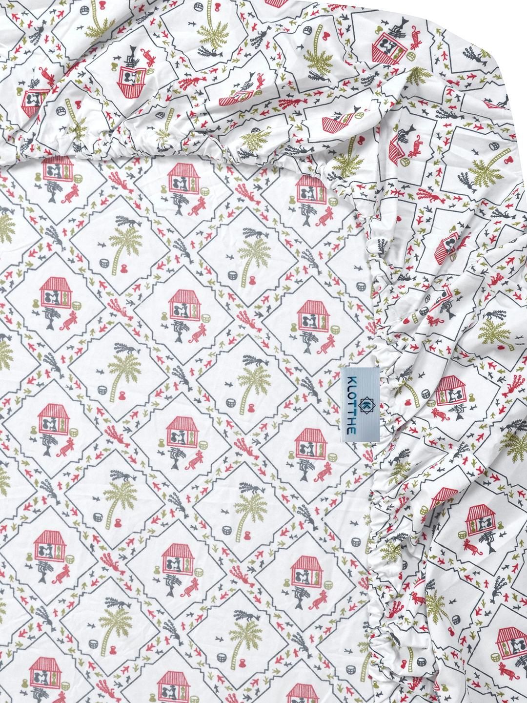 KLOTTHE White & Red Geometric Printed Fitted 300TC King Double Bed Sheet & 2 Pillow Cover