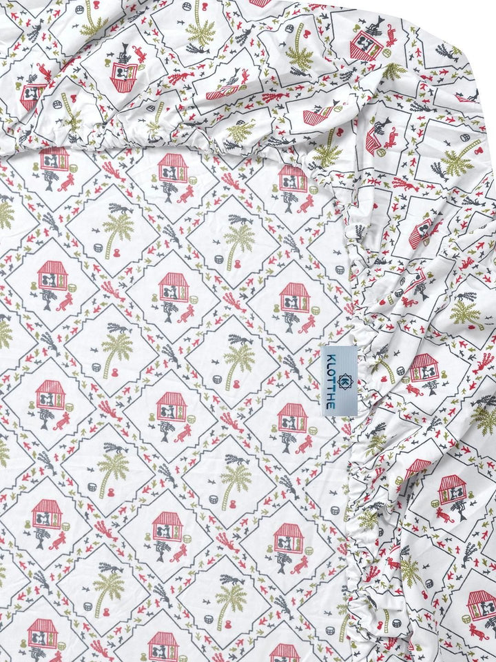 KLOTTHE White & Red Geometric Printed Fitted 300TC King Double Bed Sheet & 2 Pillow Cover