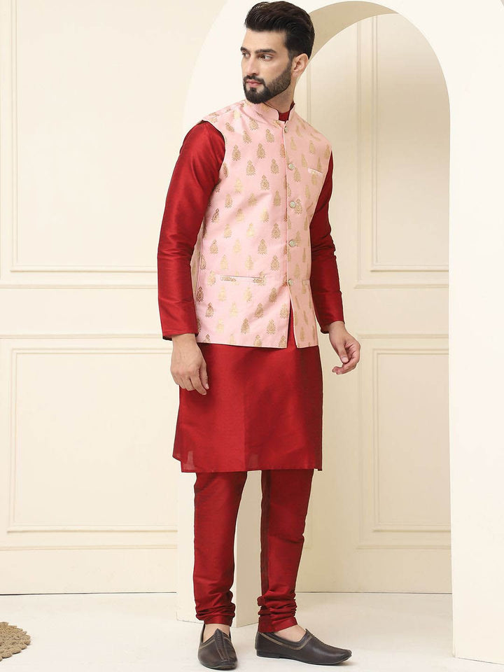SOJANYA Mandarin Collar Silk Cotton Straight Kurta dengan jaket Churidar & Nehru