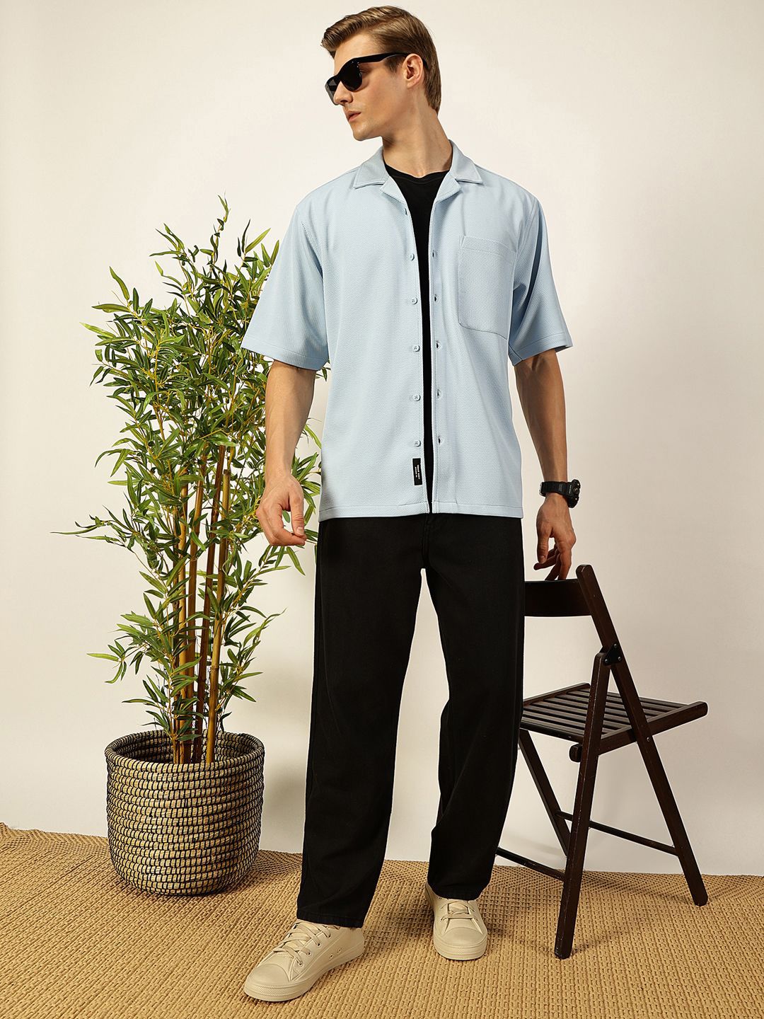 Thomas Scott Men Premium Cuban Collar Textured Cotton Oversized Casual Shirt