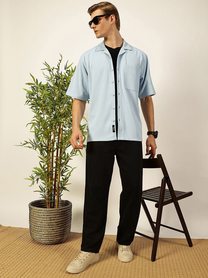Thomas Scott Men Premium Cuban Collar Textured Cotton Oversized Casual Shirt
