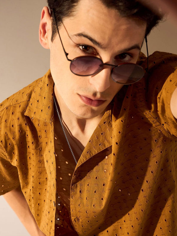 Dennison Santai Reka Bentuk Diri Tekstur Self -Semi Seching Schiffli Cuba Collar Baju Beratur