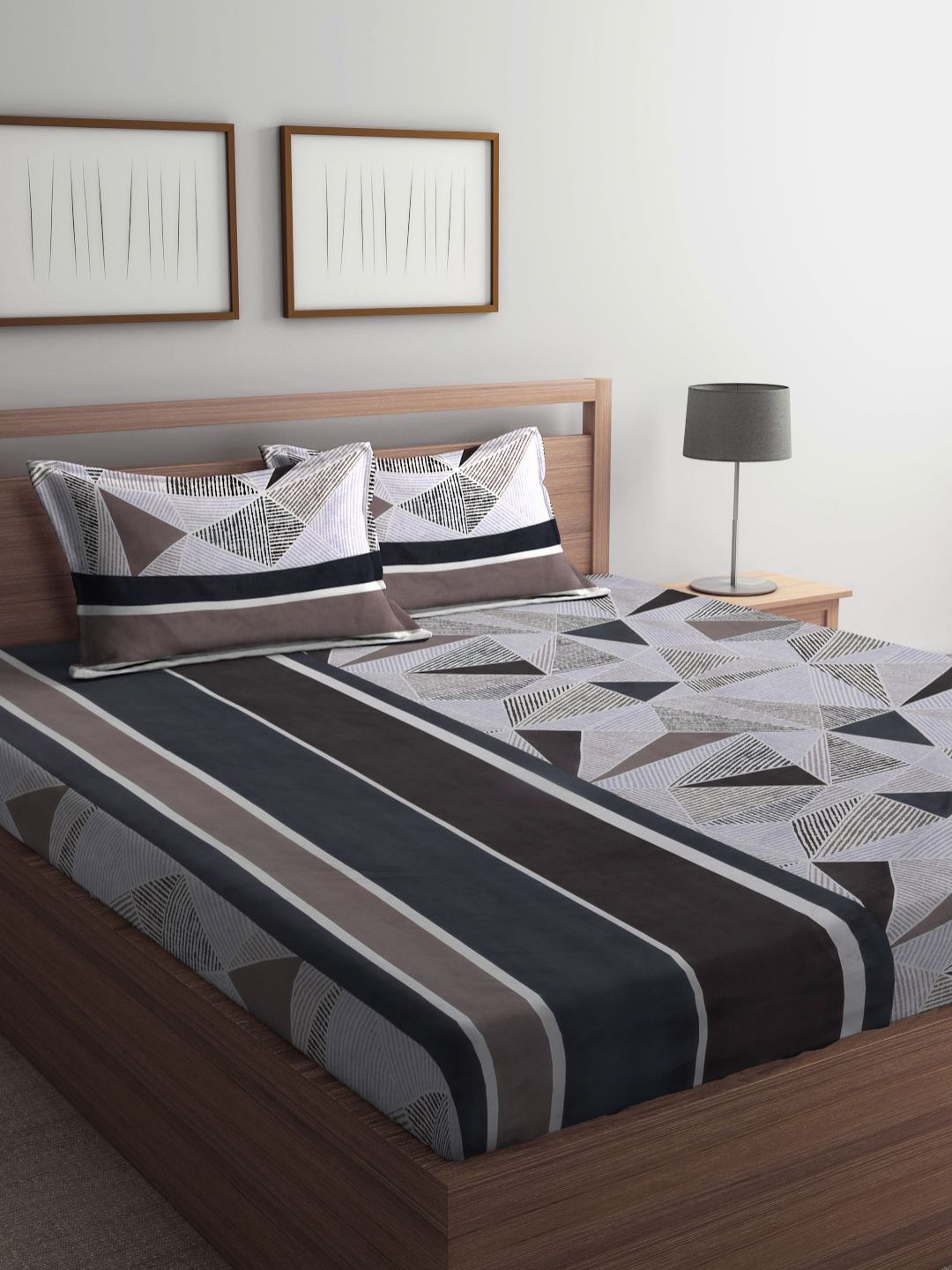 Myntra Elegant Homes Grey & Brown Geometric 300 TC King Cadar dengan 2 Sarung Bantal
