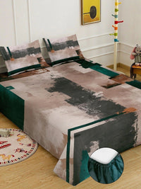 KLOTTHE Brown & Grey Geometric Printed Fitted 400 TC King 7D Bedsheet with 2 Pillow Covers
