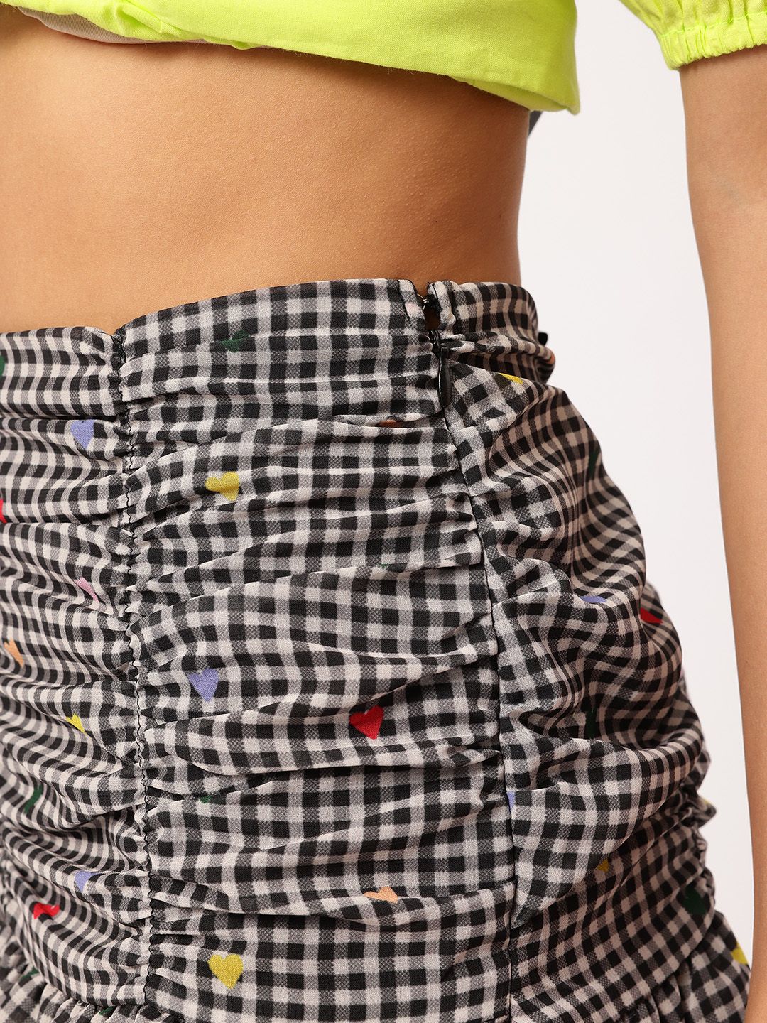 DressBerry Frilly Fun Checked Ruched Layered Semi-Sheer Mini A-Line Skirt