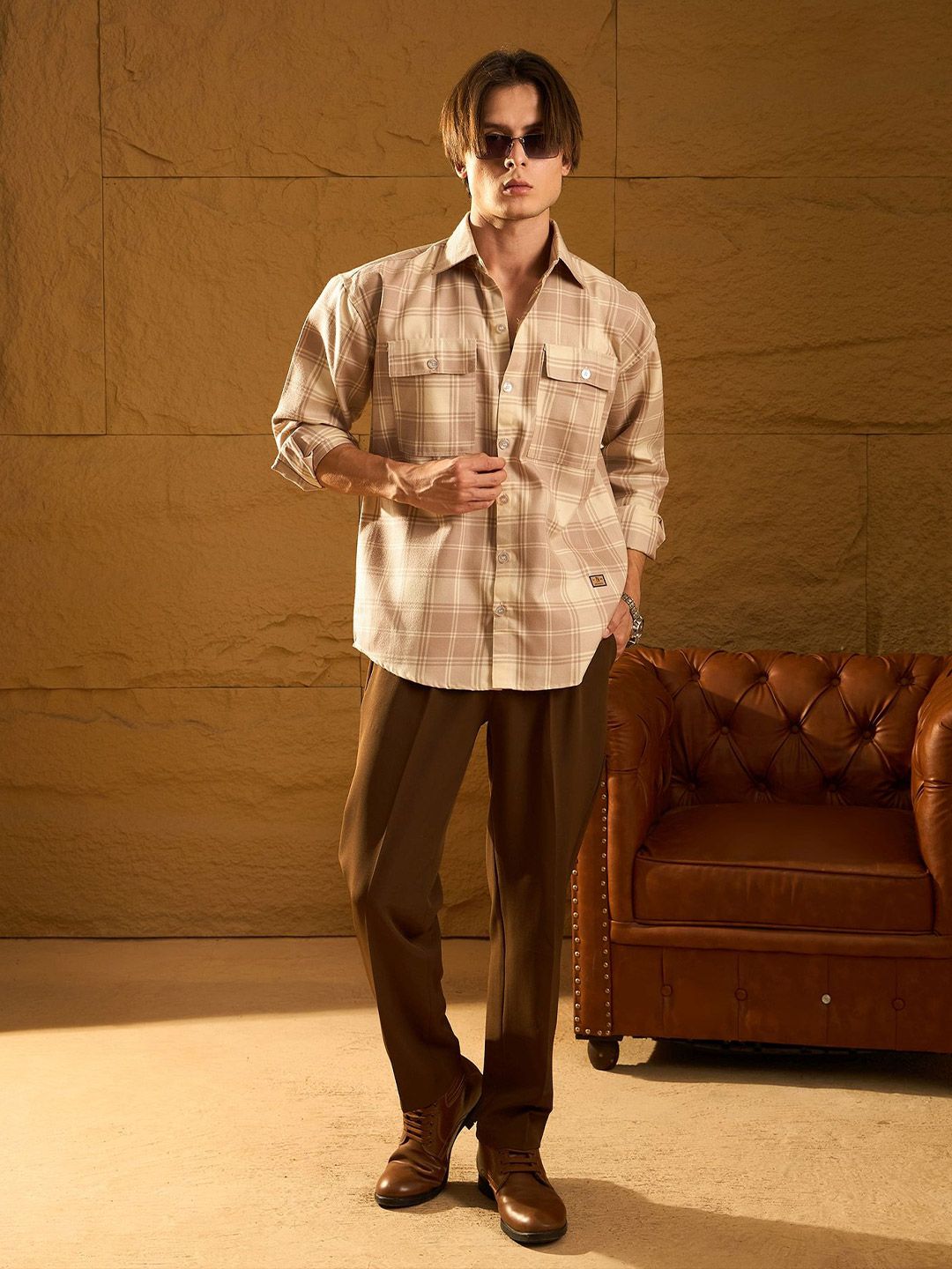 DENNISON Men Double Pocket Drop Shoulder Oversized Cotton Checked Shacket