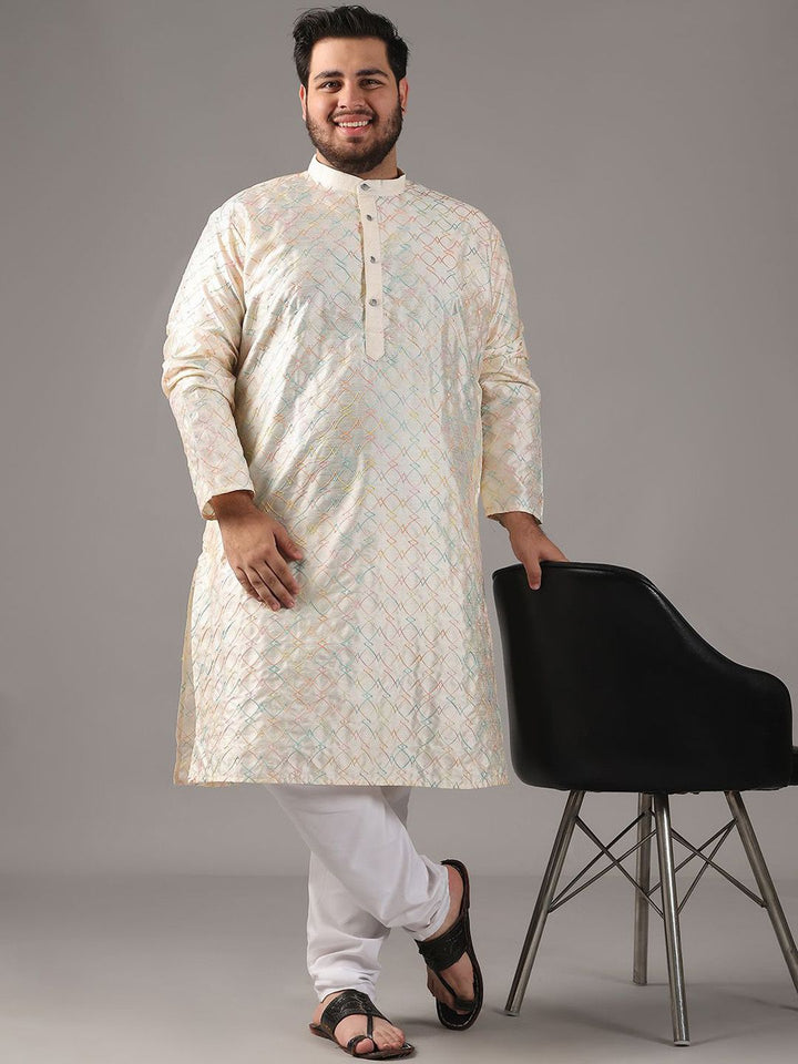 SOJANYA PLUS Size Geometric Embroidered Band Collar Thread Work Straight Kurta