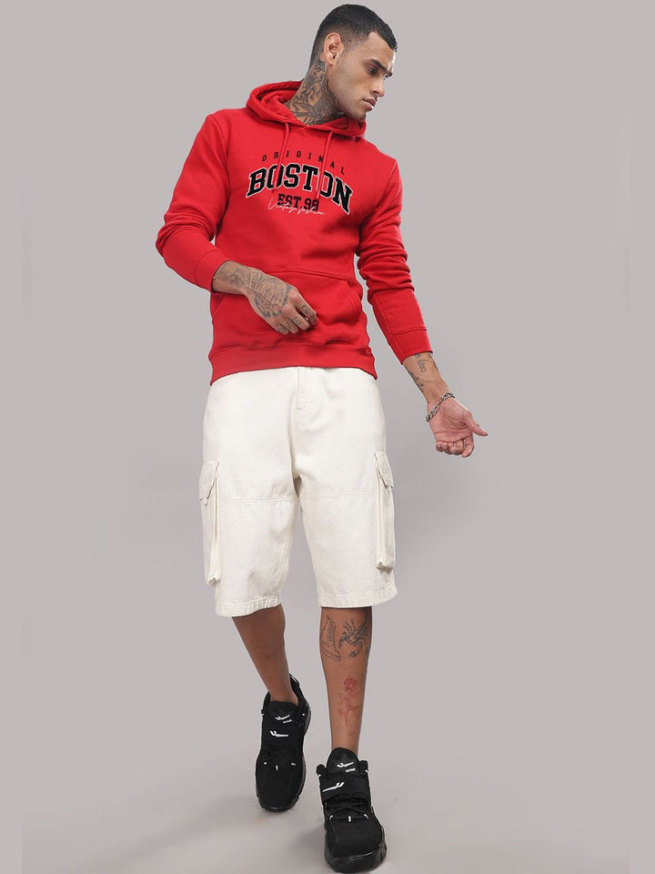 ADRO Men Typography Printed Hood Cotton Pullover Ribbed Sweatshirt