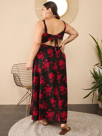 Berrylush Curve Women Floral Printed Plus Size ShoulderStraps V-neck Maxi Dress