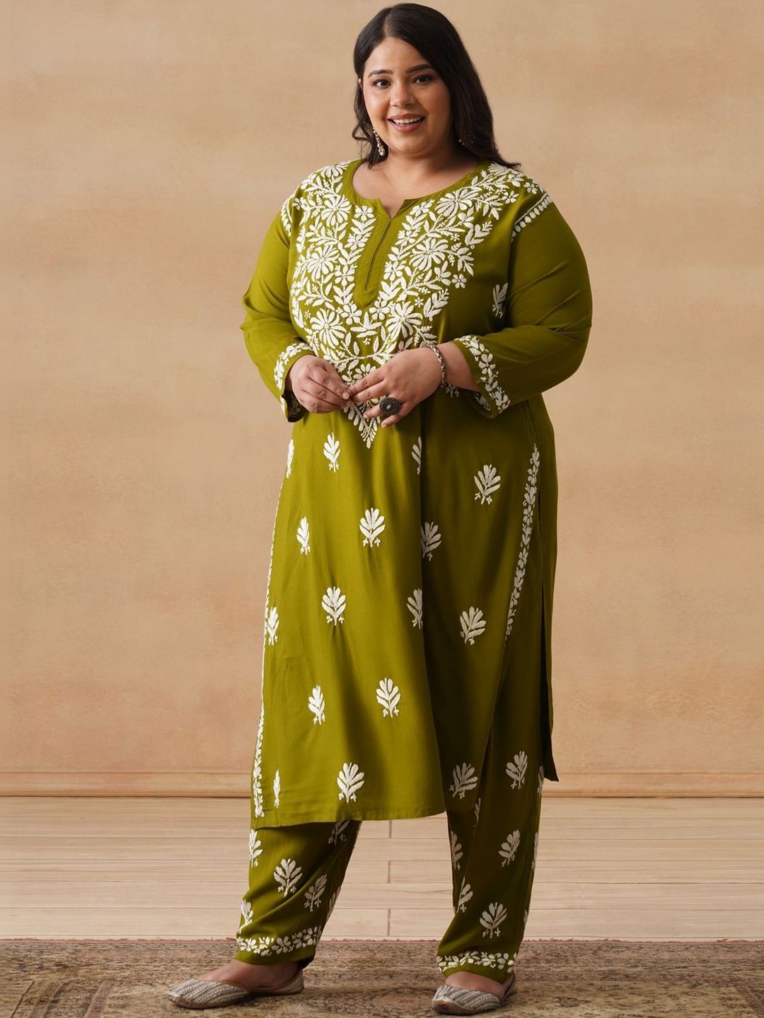 House of Chikankari Women Solid Olive 2 Pieces Regular Kurta with Trousers Set