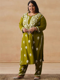 House of Chikankari Women Solid Olive 2 Pieces Regular Kurta with Trousers Set