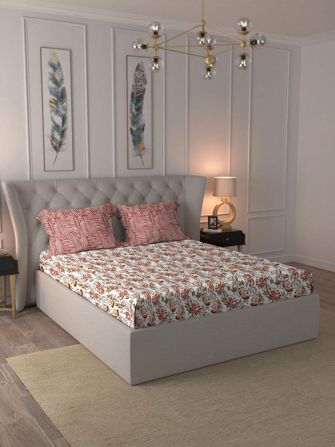 MYTRIDENT Rust Moments Flat 120TC Queen Cotton 1 Bedsheet with 2 Pillow Covers
