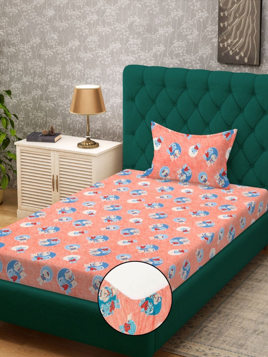 KLOTTHE Kids Orange Printed Cotton 400TC Fitted Single Bedsheet Set 2.25 m x 1.5 m