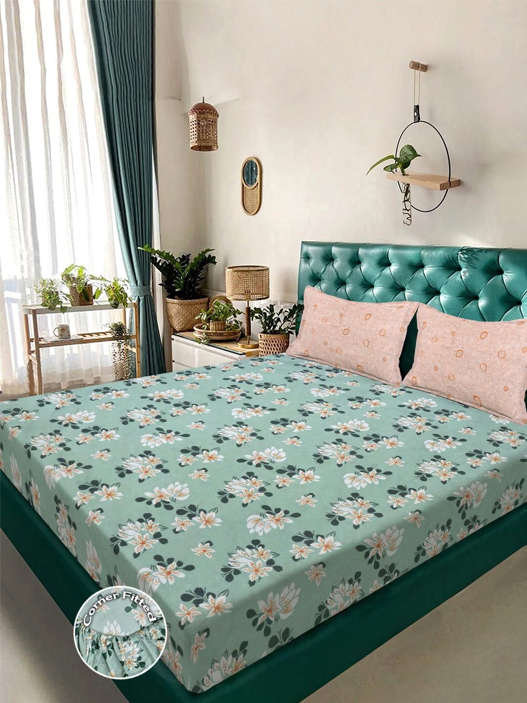 KLOTTHE Green Floral Printed 300 TC Polycotton Fine King Bedsheets