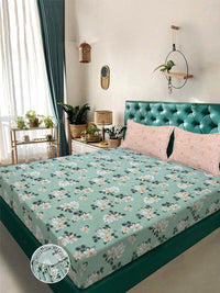 KLOTTHE Green Floral Printed 300 TC Polycotton Fine King Bedsheets