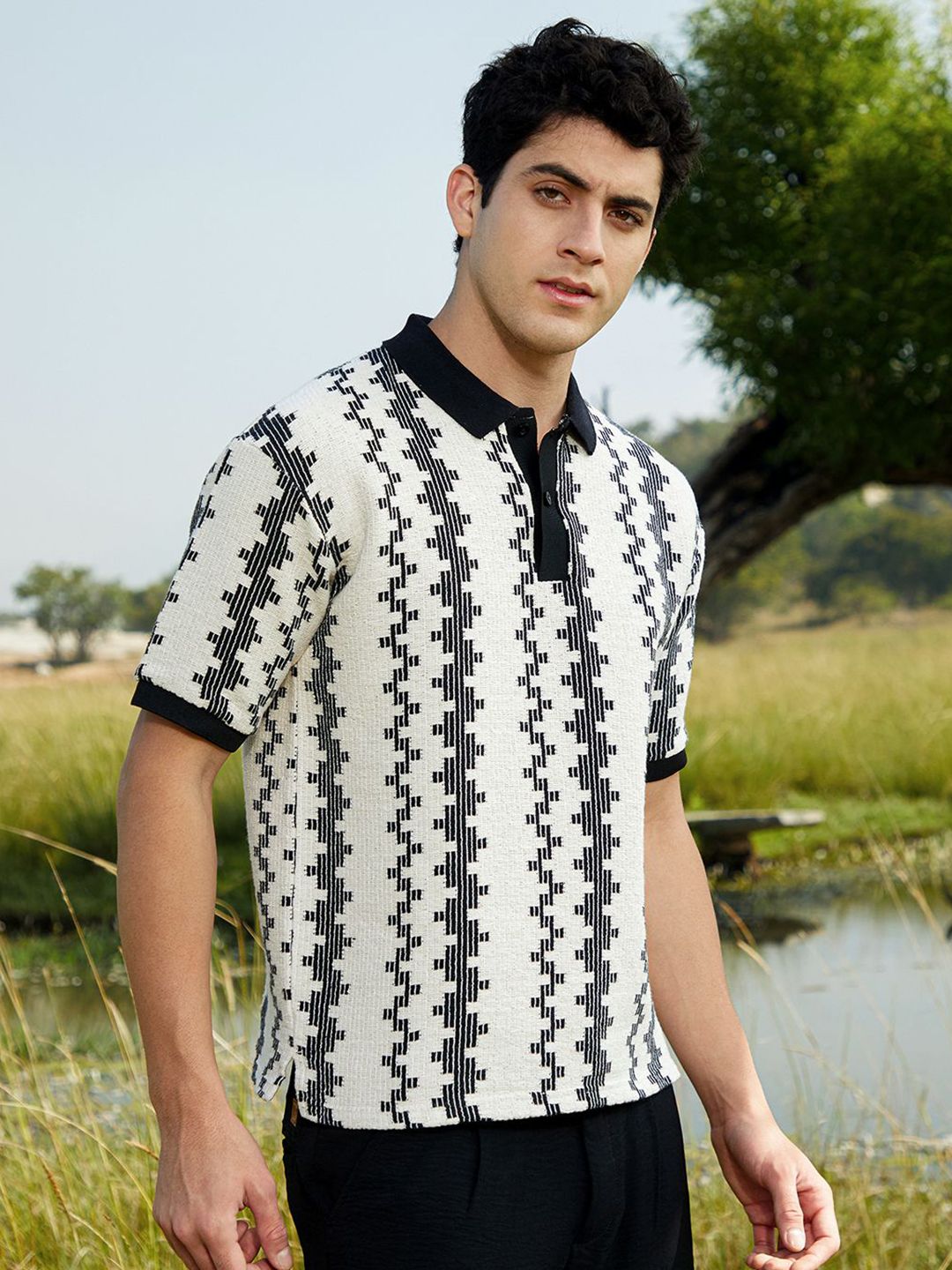 Campus Sutra Men Striped Polo Collar Cotton T-shirt