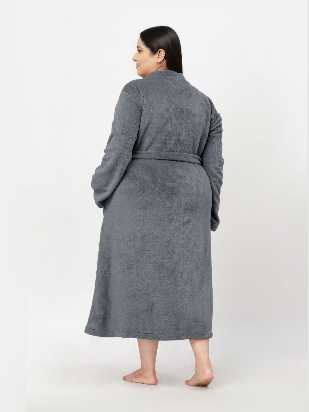 KLOTTHE Plus Size Grey Solid Long Sleeve Woolen Bath Robe With Belt
